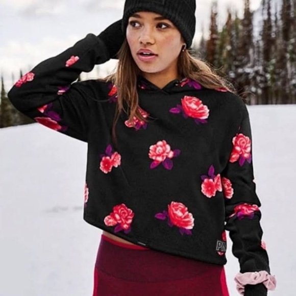 VS PINK Black Floral Print Drawstring Sweatshirt Hoodie - Picture 1 of 2